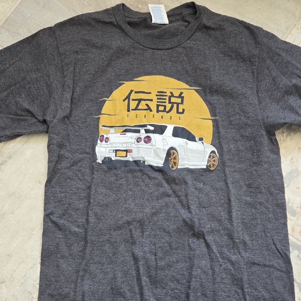 Port and Company Dark Gray Graphic Tee with Yellow and White Car Design